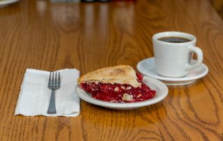 Cherry pie and a cup of coffee at Tiffany's Restaurant in Topeka, Indiana.
